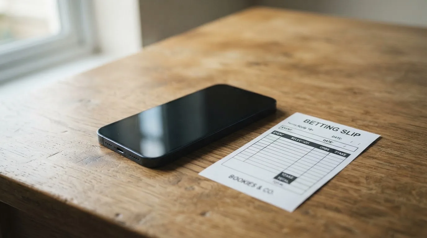 Ein Smartphone liegt mit dunklem Display auf einem Holztisch neben einem leeren Papier-Wettschein, Licht fällt von einem Fenster.