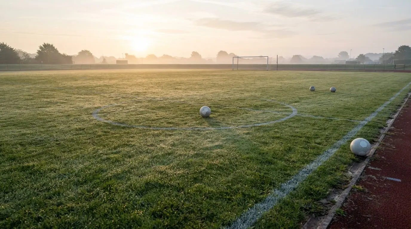 Mehrere Fußbälle liegen verstreut auf einem Rasenplatz am frühen Morgen, Tau glänzt auf dem Gras.