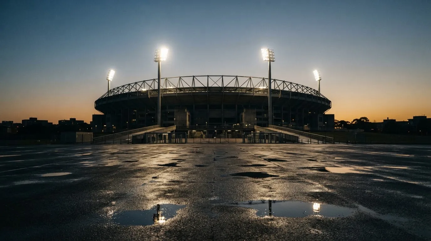 Ein Stadion unter Flutlicht von weitem betrachtet, davor ein stiller Platz bei Dunkelheit und feuchtem Asphalt.