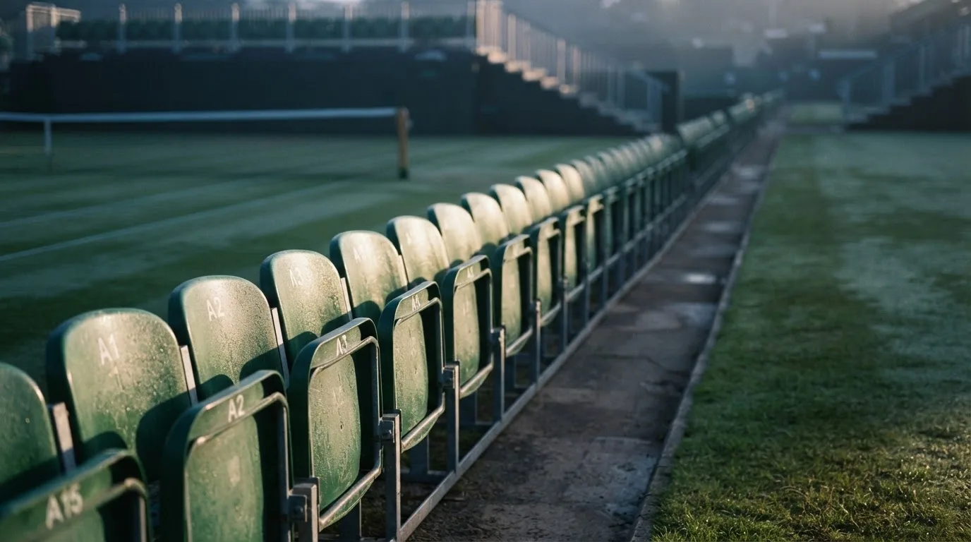 Eine Reihe leerer Sitzplätze auf einer Tribüne am Rand eines Tennisplatzes, Morgenlicht fällt schräg von der Seite ein.