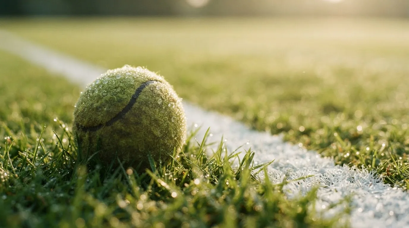 Ein Tennisball liegt auf frisch gemähtem Gras neben einer weißen Linie, Tautropfen glänzen im Gegenlicht.