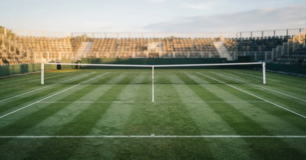 Ein Tennisplatz mit Rasenbelag im Morgenlicht, Netz und weiße Linien, im Hintergrund eine ruhige Tribüne.
