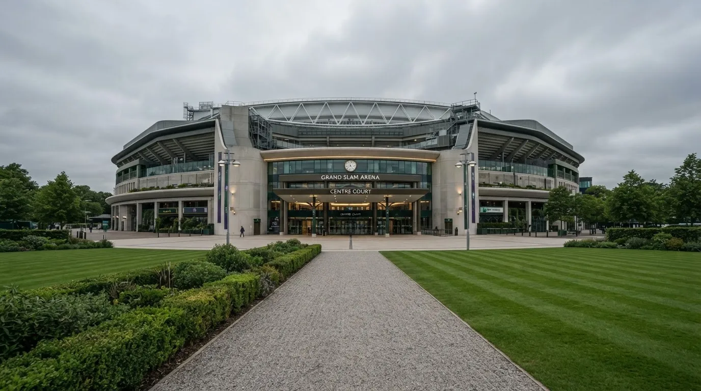 Eine große Tennisarena von außen unter bewölktem Himmel, davor gepflegte Grünflächen und ein leerer Kiesweg.