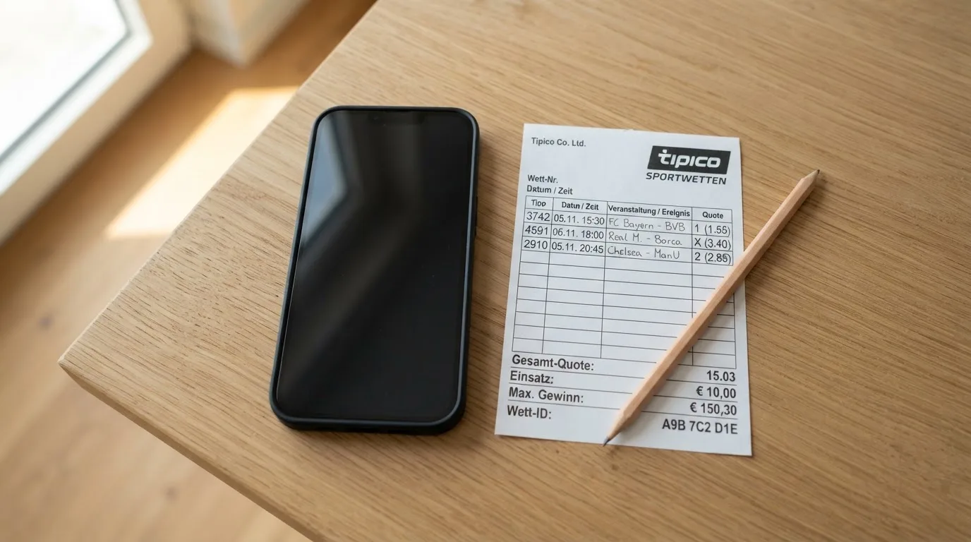 Ein Smartphone mit dunklem Display liegt neben einem leeren Papier-Wettschein auf einem Tisch am Fenster.