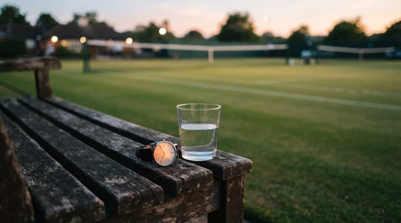 Eine Armbanduhr und ein Glas Wasser stehen auf einer Parkbank neben einem leeren Tennisplatz in der Dämmerung.