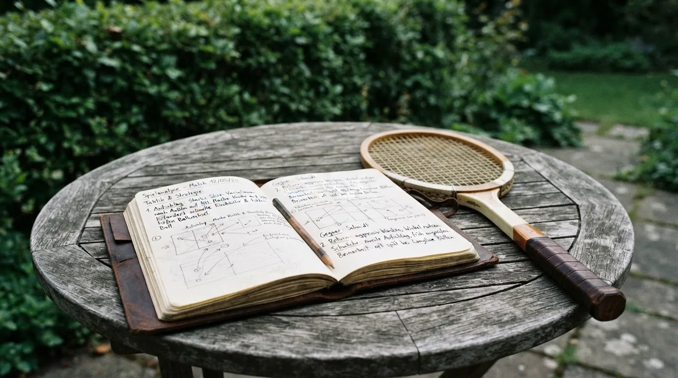 Ein Notizbuch mit handschriftlichen Notizen und ein Bleistift liegen auf einem Gartentisch, daneben ein Tennisschläger ohne Aufdruck.