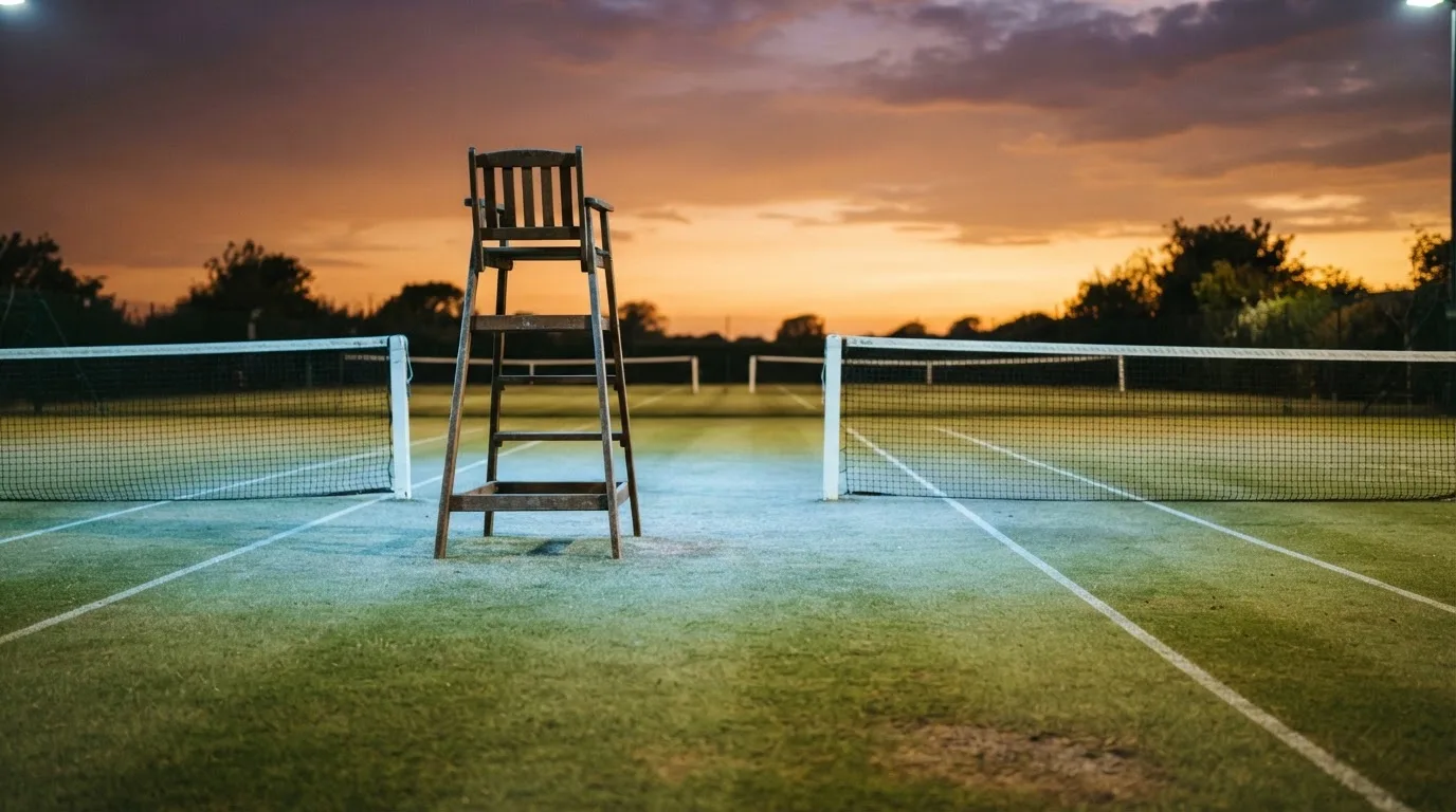 Ein Schiedsrichterstuhl aus Holz steht am Netz eines leeren Tennisplatzes im Abendlicht.