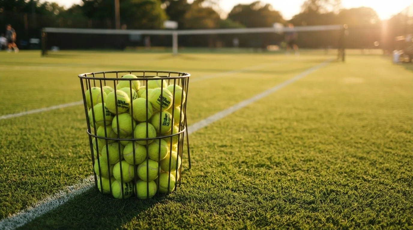 Tennisbälle liegen in einem Korb am Spielfeldrand eines Rasenplatzes, weiches Nachmittagslicht fällt von der Seite.