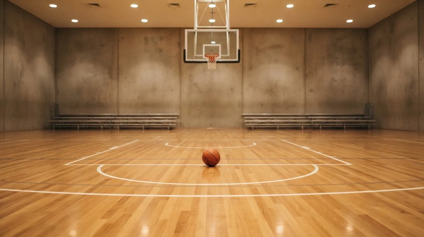 Ein Basketballkorb in einer leeren Halle, der Ball liegt unter dem Brett auf dem Parkett.
