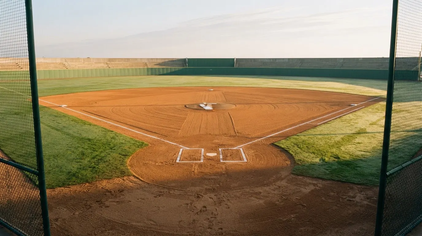 Ein Baseballfeld mit leerem Infield im Morgenlicht, die Linien frisch gezogen, keine Spieler im Bild.