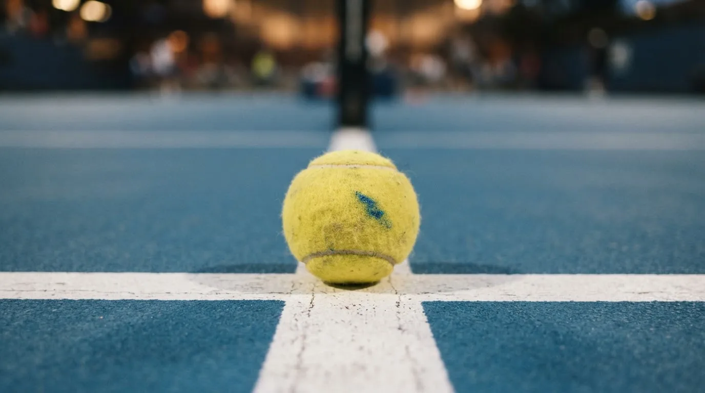 Ein Tennisball liegt in Nahaufnahme auf einer Grundlinie, dahinter verschwimmt ein leerer Platz in warmem Licht.