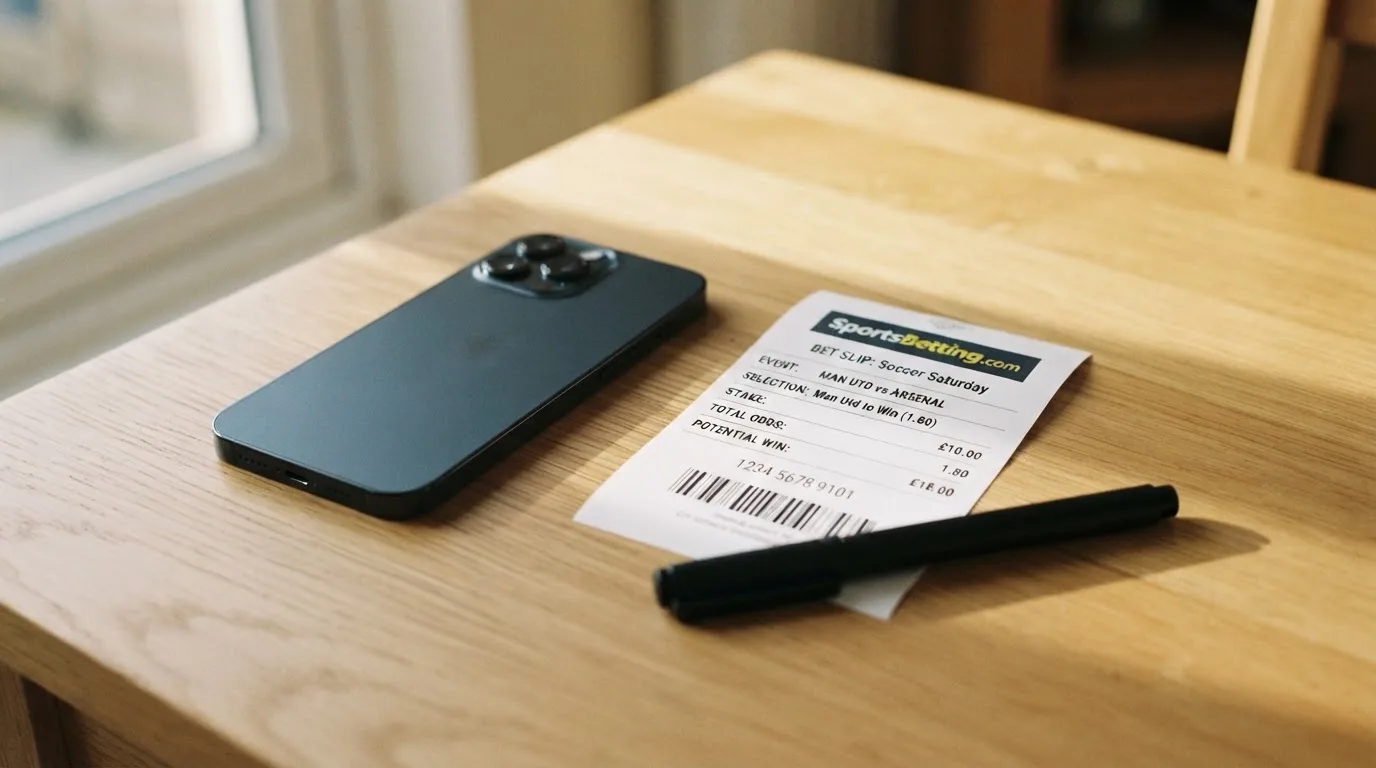 Ein Smartphone mit dunklem Display liegt neben einem leeren Papier-Wettschein auf einem Tisch, Licht fällt von der Seite.