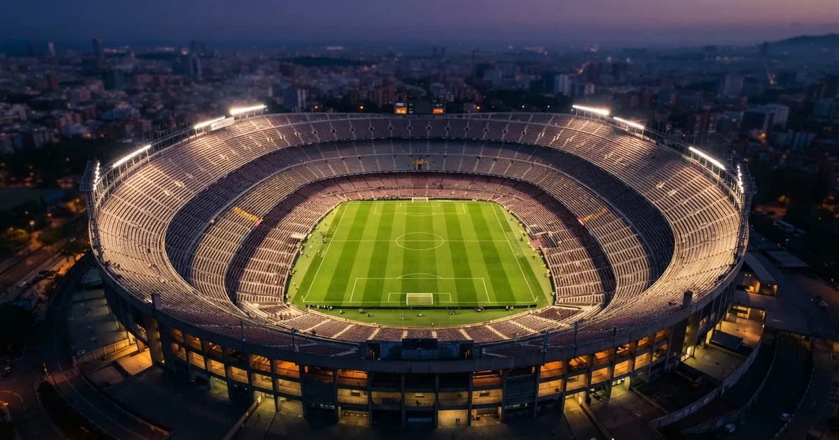 Ein riesiges Stadion in der Abenddämmerung aus der Vogelperspektive gesehen, die Lichter an den Rängen sind eingeschaltet.