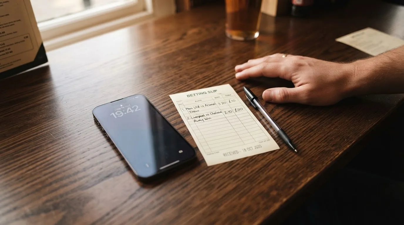 Ein Smartphone liegt mit dunklem Display neben einem leeren Papier-Wettschein und einem Stift auf einem Holztisch.