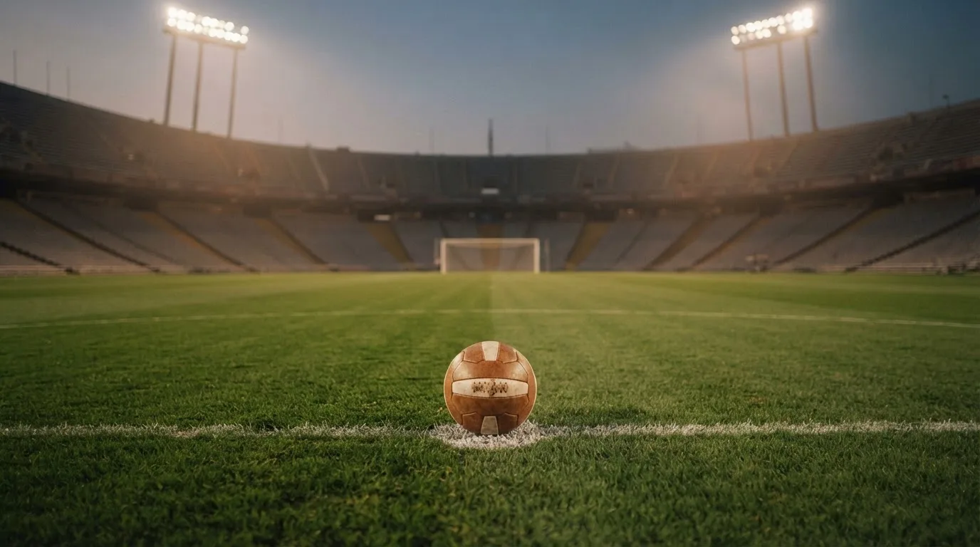 Ein Fußball liegt auf dem Anstoßpunkt eines Rasenplatzes, dahinter eine leere Tribüne im Abendlicht.
