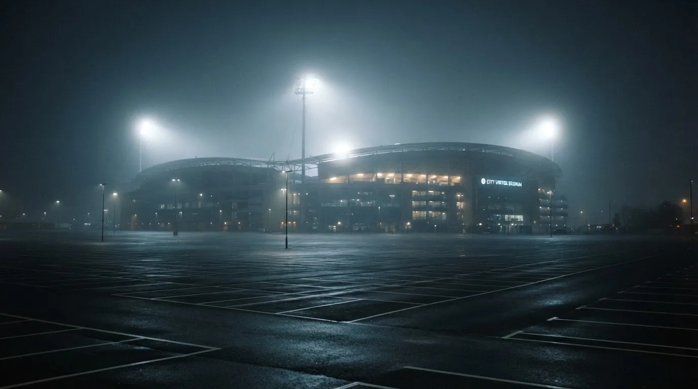 Ein Stadion unter Flutlicht aus der Ferne gesehen, davor ein stiller Parkplatz bei Nebel.