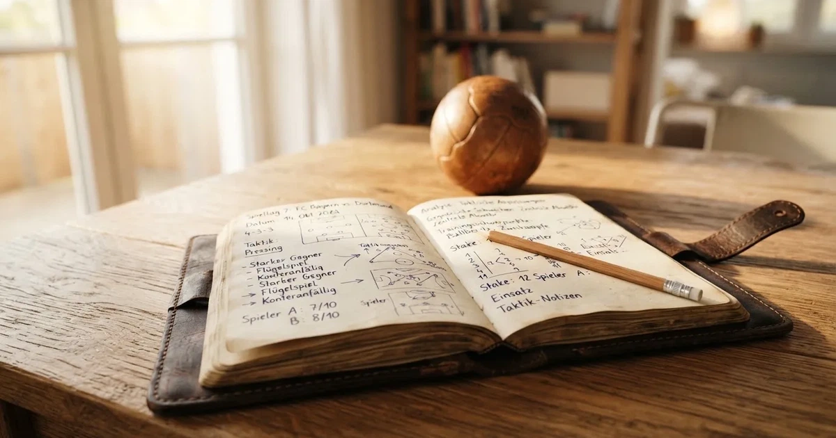 Ein Notizbuch mit handschriftlichen Notizen und einem Bleistift liegt auf einem Holztisch, daneben ein kleiner Fußball im Tageslicht.