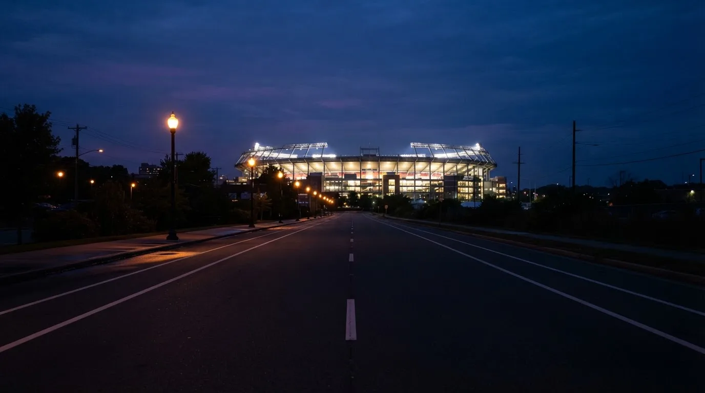 Ein Stadion unter Flutlicht aus großer Entfernung, davor eine leere Straße in der Abenddämmerung.