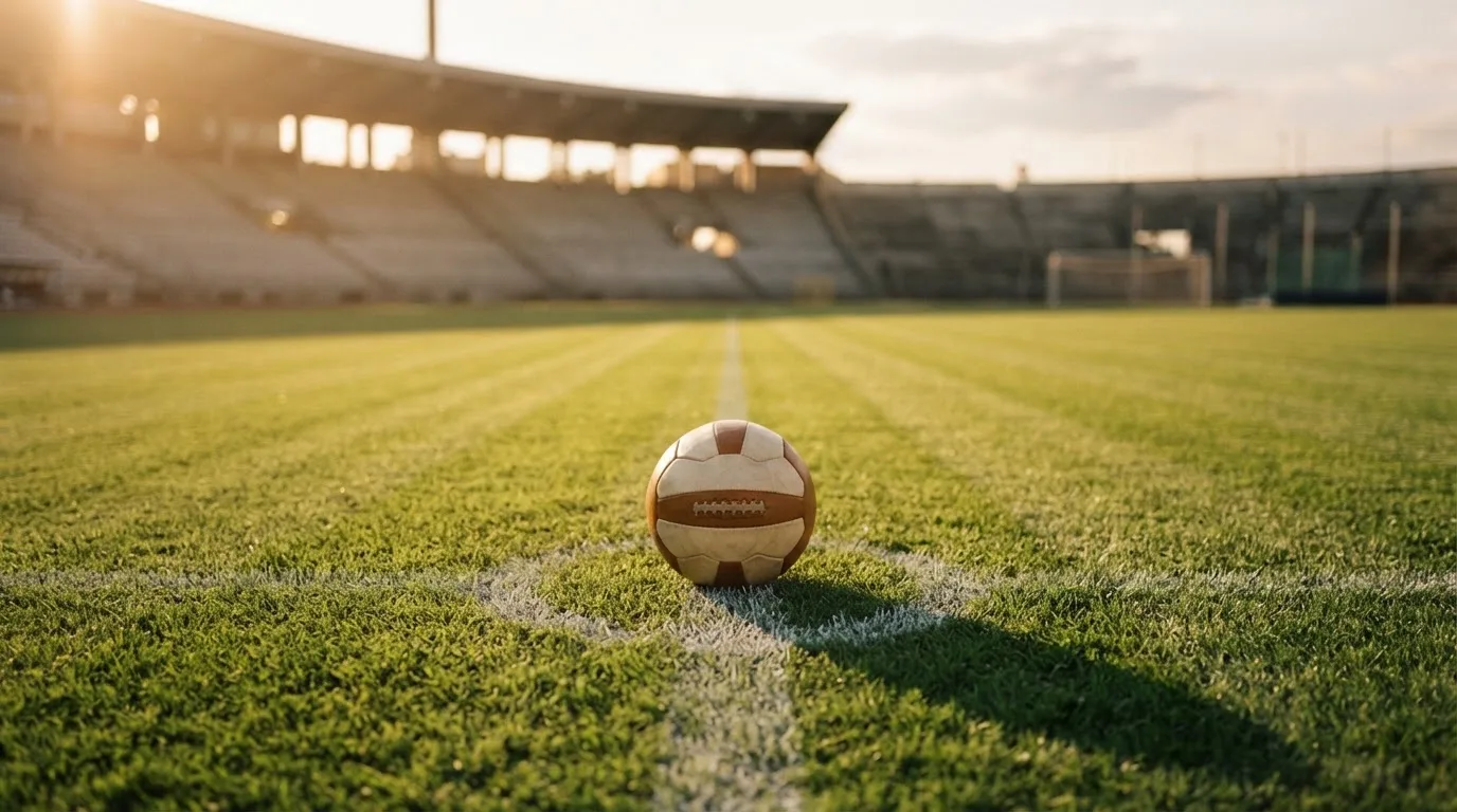 Ein Fußball liegt auf dem Anstoßpunkt eines Rasenplatzes, dahinter eine leere Tribüne im Abendlicht.