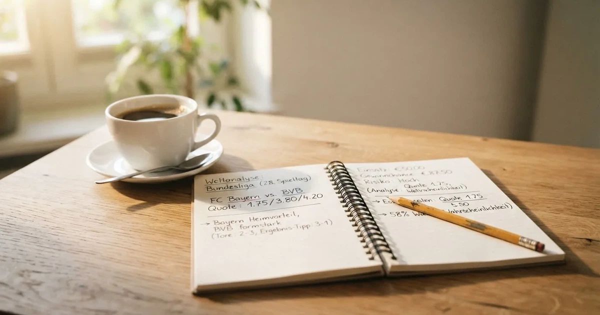 Eine Kaffeetasse, ein Notizbuch mit handschriftlichen Notizen und ein Bleistift auf einem hellen Schreibtisch am Morgen.