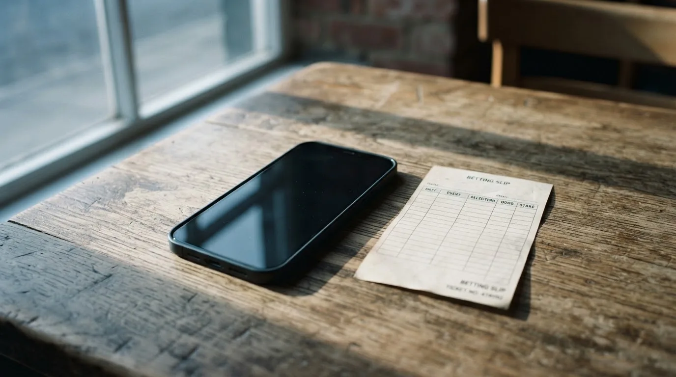 Ein Smartphone mit dunklem Display liegt neben einem leeren Papier-Wettschein auf einem Holztisch, Licht fällt von der Seite.