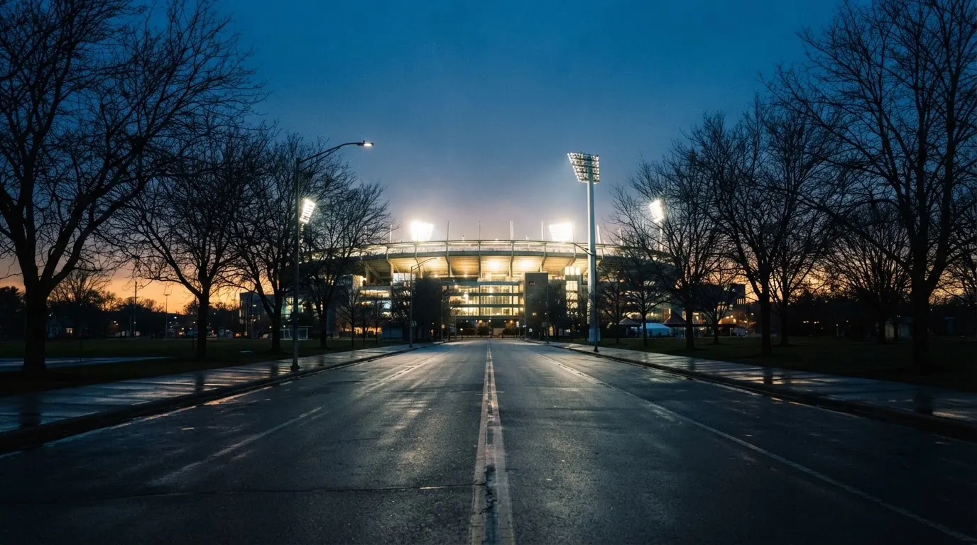 Ein Stadion unter Flutlicht aus großer Entfernung, davor eine leere Straße in der Abenddämmerung.
