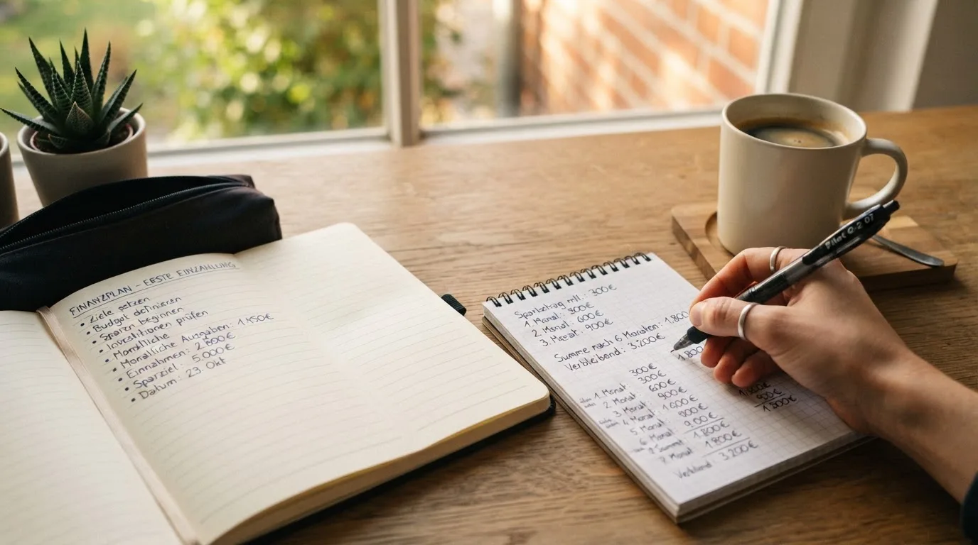 Ein Notizbuch mit handschriftlichen Notizen und ein Taschenrechner stehen auf einem Schreibtisch, daneben eine Tasse.