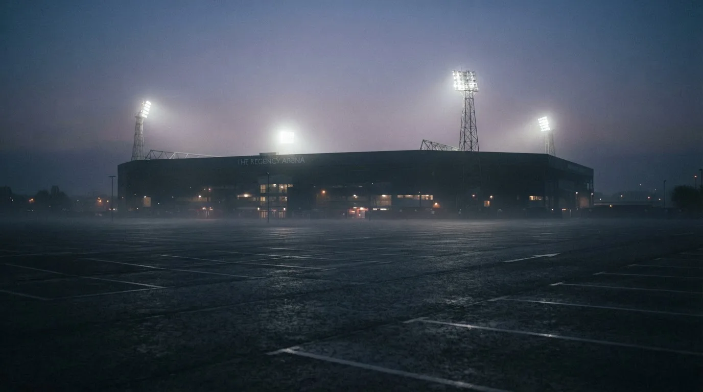 Ein Stadion unter Flutlicht aus der Ferne gesehen, davor ein leerer Parkplatz im Dunst.