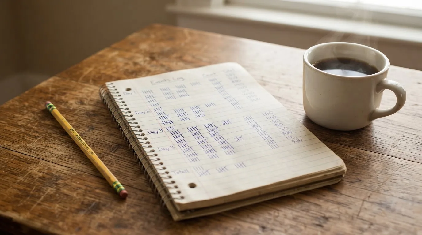 Ein Notizbuch mit handgeschriebenen Strichlisten liegt neben einem Bleistift und einer Kaffeetasse auf einem Holztisch.