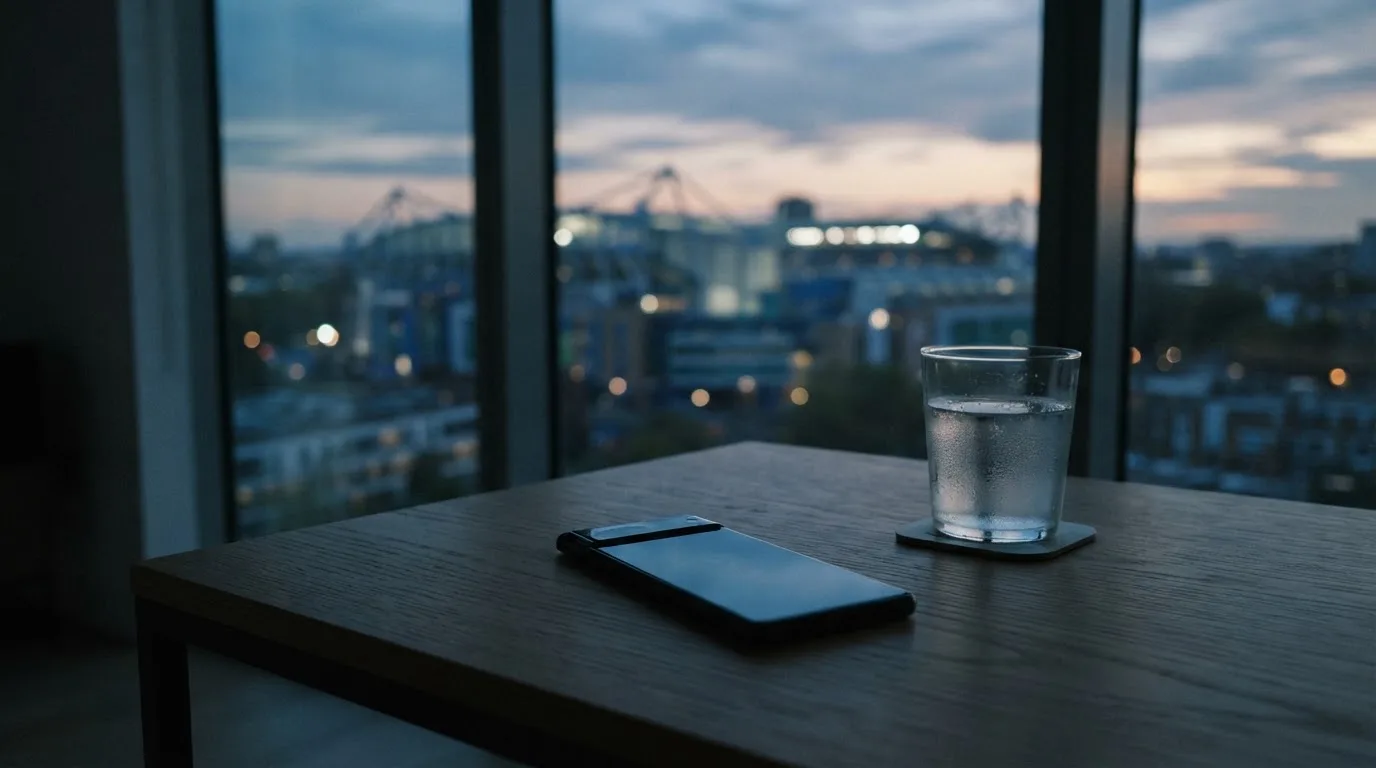 Ein Smartphone mit dunklem Display liegt auf einem Schreibtisch neben einem Glas Wasser, im Fenster dahinter ein Stadion im Dämmerlicht.