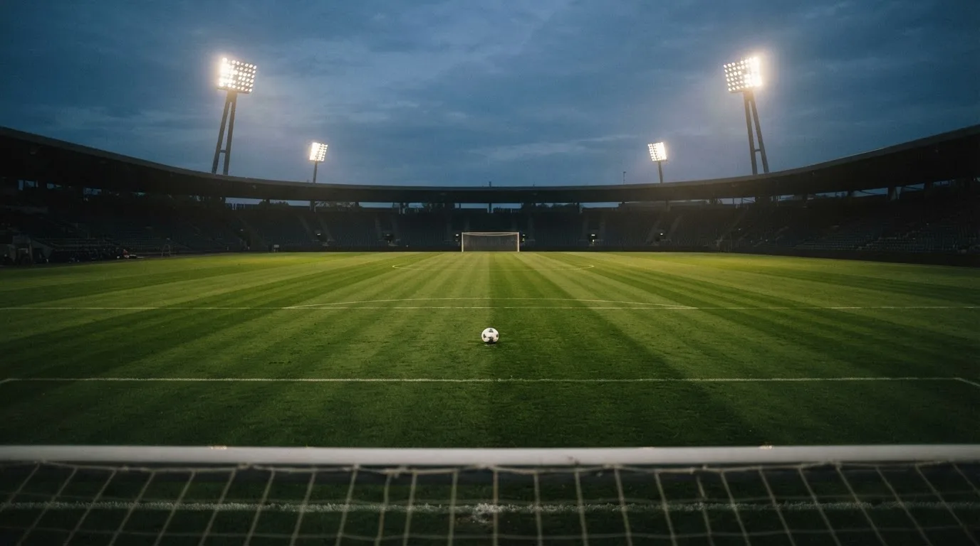 Ein Fußball liegt auf dem Mittelkreis eines leeren Rasenplatzes unter Flutlicht am frühen Abend, die Tribünen sind nur schemenhaft zu erkennen.