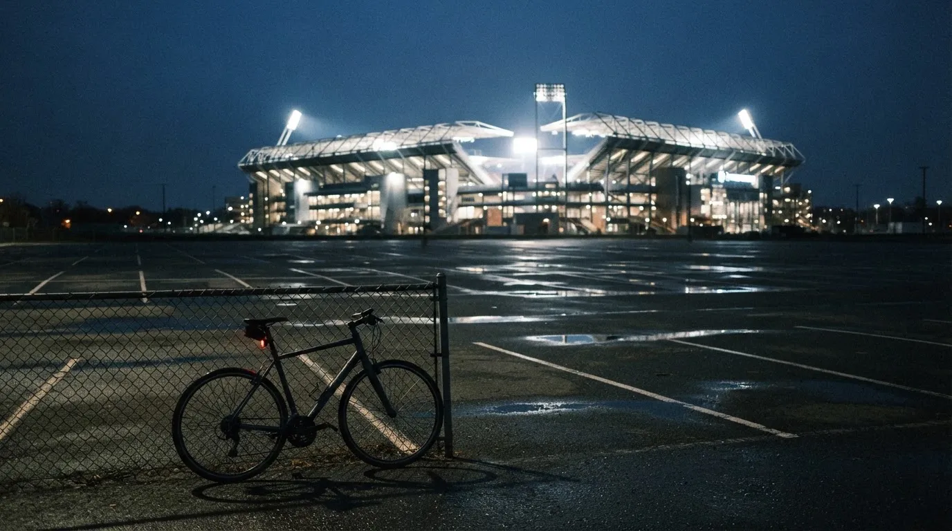 Ein Stadion unter Flutlicht aus der Ferne gesehen, davor ein dunkler Parkplatz und ein einzelnes Fahrrad an einem Zaun.