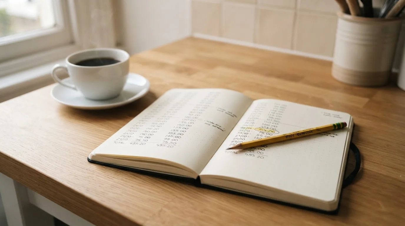 Ein Notizbuch mit handschriftlichen Zahlenreihen und ein Bleistift liegen auf einem Küchentisch neben einer Tasse.