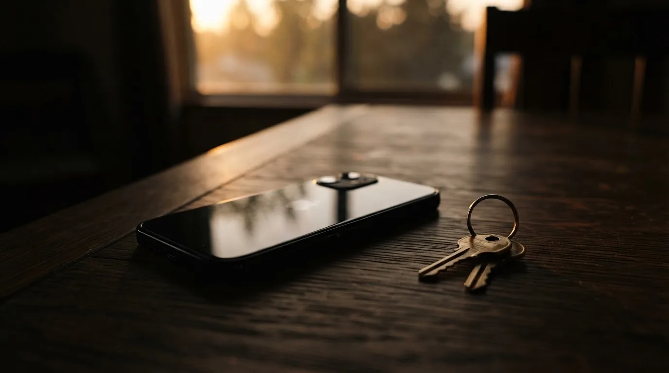 Ein Smartphone mit dunklem Display liegt auf einem Holztisch, daneben ein Schlüsselbund, im Hintergrund ein Fenster mit Abendlicht.