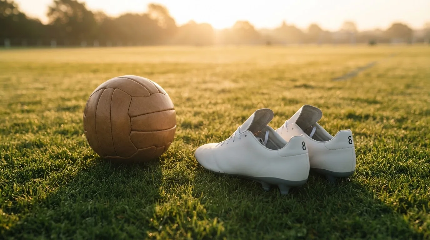Ein Fußball auf frisch gemähtem Rasen im Morgenlicht, daneben ein Paar Fußballschuhe ohne erkennbare Marke.