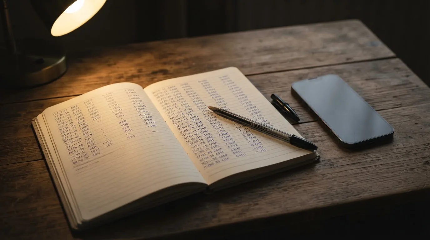 Ein Notizbuch mit handgeschriebenen Zahlen und ein Kugelschreiber liegen auf einem Tisch, daneben ein Smartphone mit schwarzem Bildschirm.