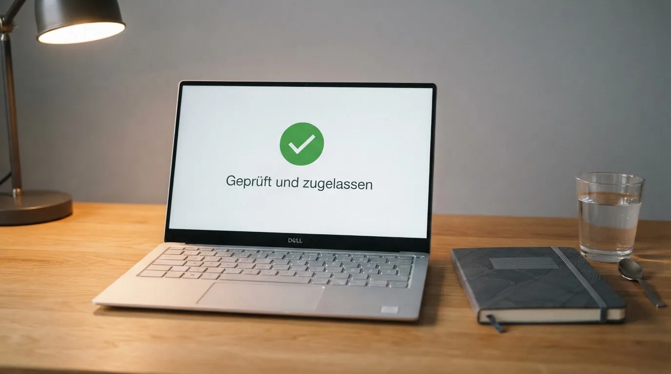 Ein Laptop mit dunklem Bildschirm steht aufgeklappt auf einem Schreibtisch, daneben ein Notizbuch und ein Glas Wasser.