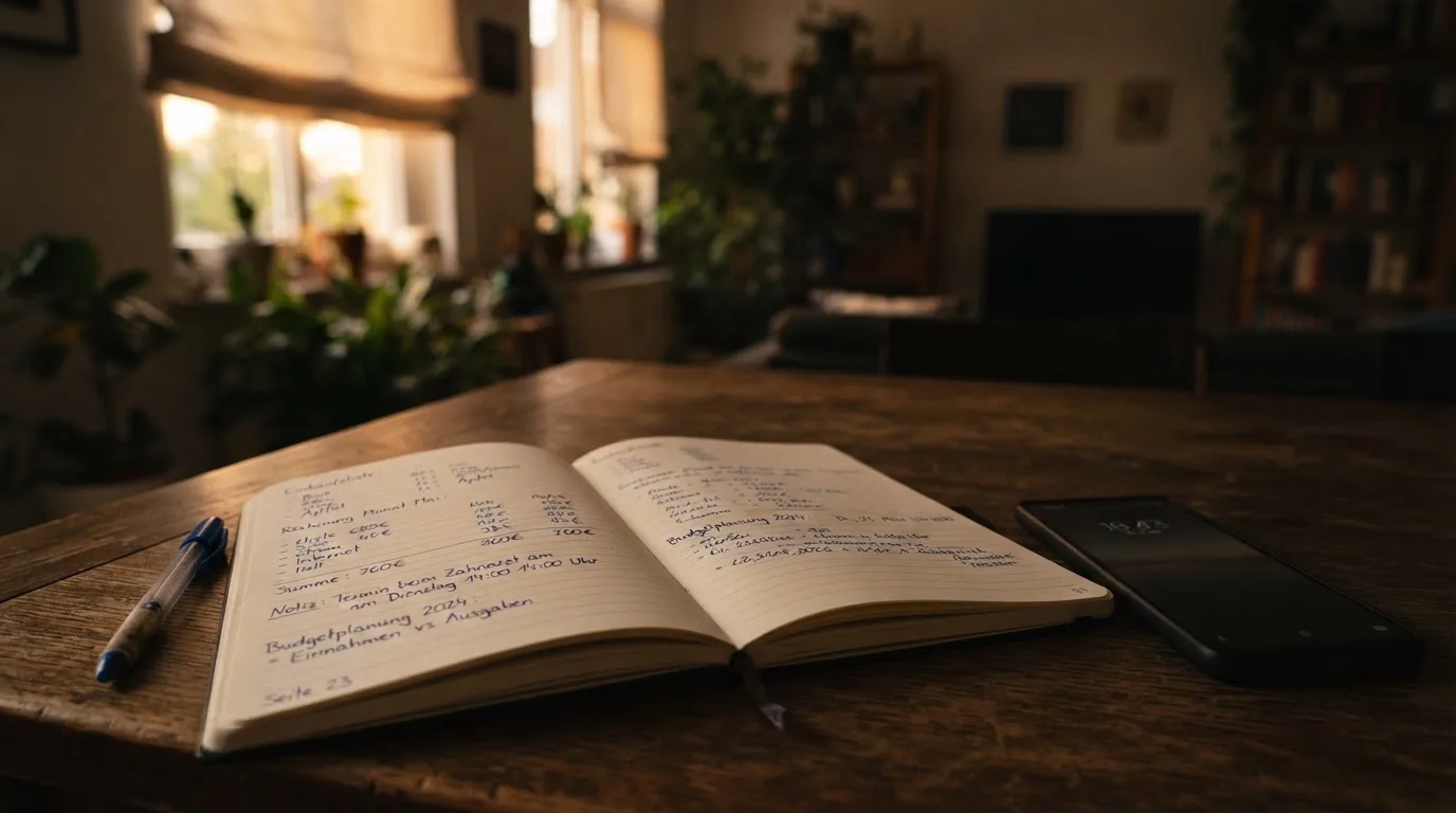 Ein Notizbuch mit handschriftlichen Zahlen liegt neben einem Smartphone mit dunklem Display auf einem Tisch, im Fenster Dämmerlicht.