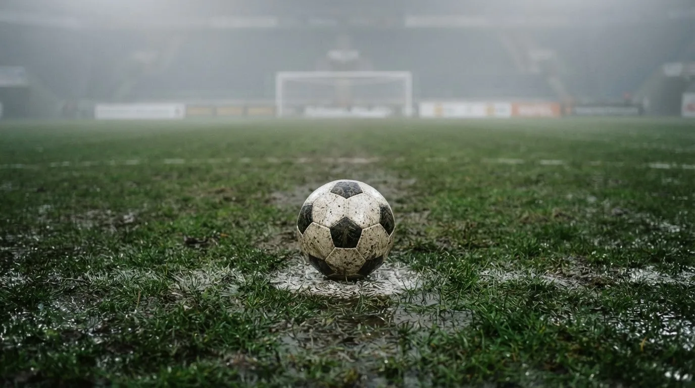 Ein Fußball liegt auf dem Elfmeterpunkt eines nassen Rasenplatzes, im Hintergrund ein leeres Tor im Nebel.