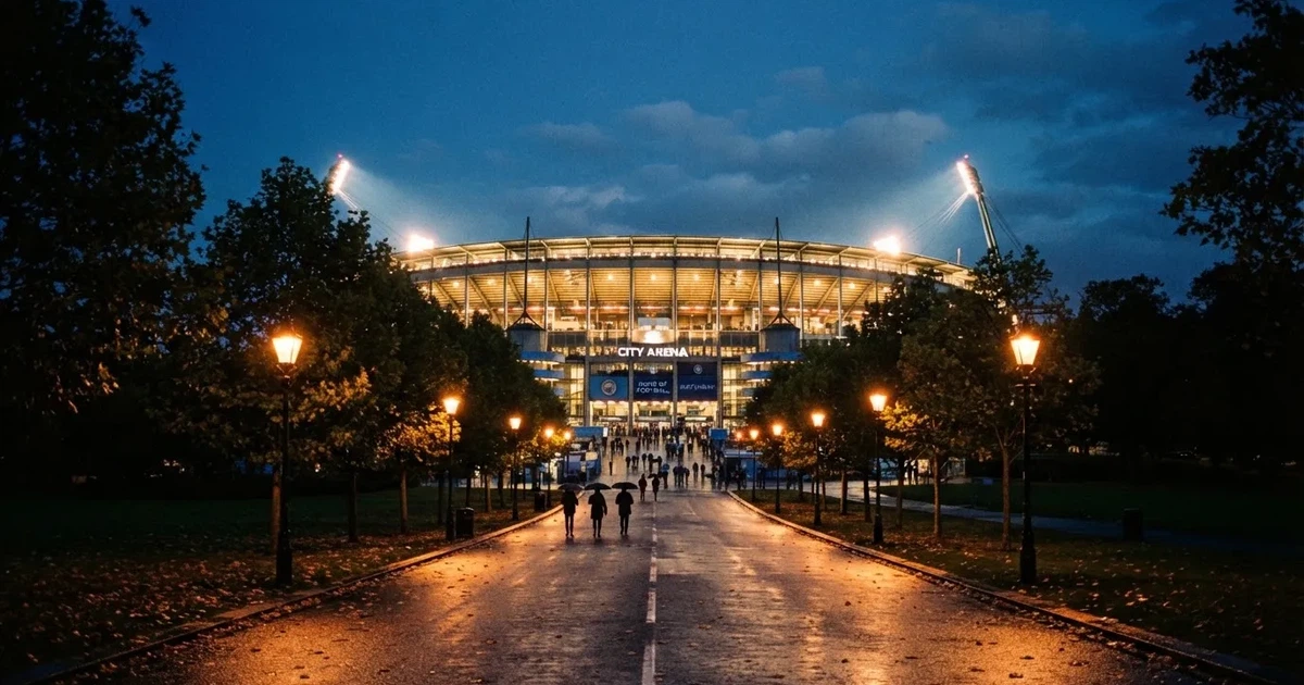 Ein großes Fußballstadion mit hell erleuchtetem Rund, aus der Ferne am Abend gesehen, davor eine breite Allee mit Laternen.