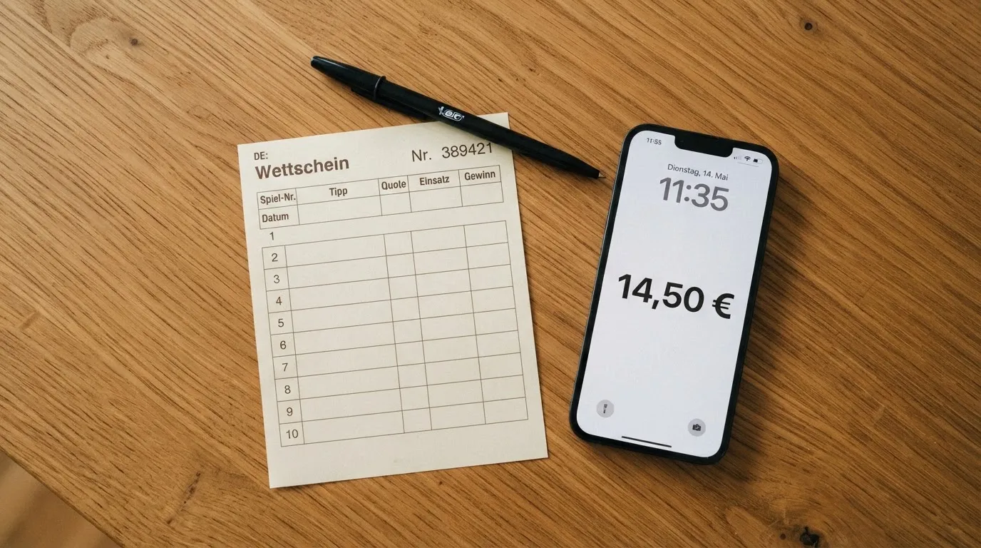 Ein leerer Papier-Wettschein und ein Kugelschreiber liegen auf einem Holztisch neben einem schwarzen Smartphone.