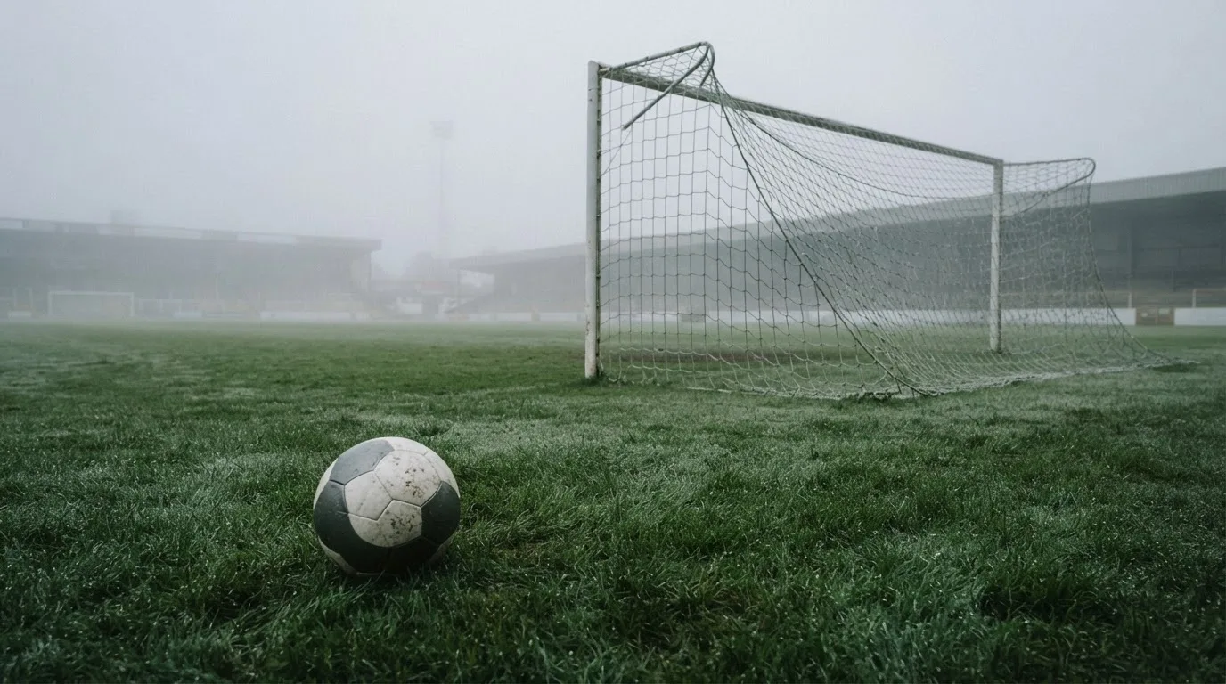 Ein Fußball liegt auf dem Rasen vor einem Tor im Morgennebel, die Netzmaschen sind taufeucht.