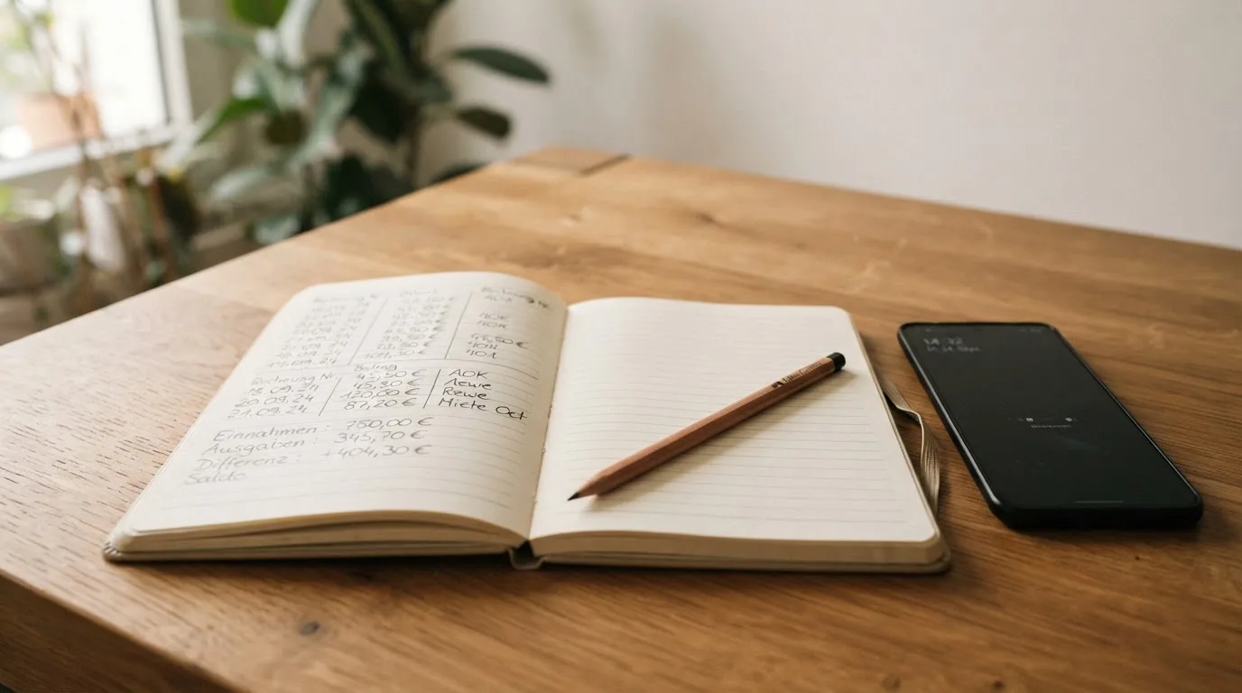 Ein Notizbuch mit handschriftlichen Zahlenreihen liegt neben einem Bleistift und einem Smartphone mit dunklem Display auf einem Tisch.