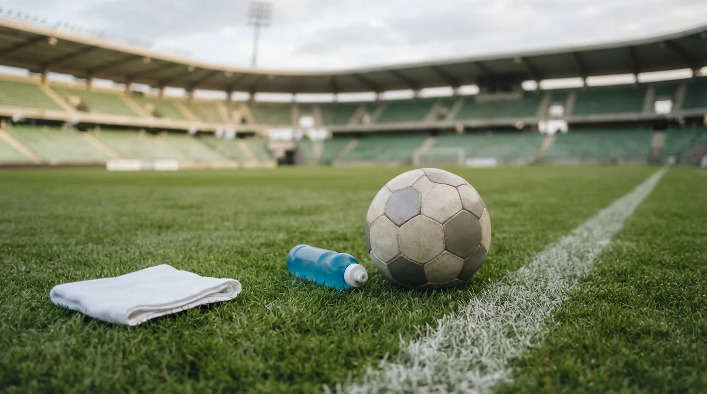 Ein Fußball auf einer Wiese neben der Seitenlinie, daneben eine Trinkflasche ohne Aufdruck und ein Handtuch.