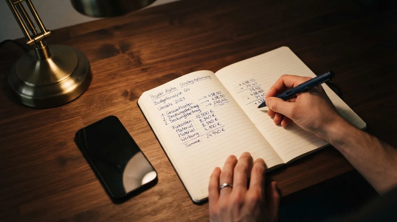 Ein Notizbuch mit handschriftlichen Notizen und ein Taschenrechner liegen auf einem Schreibtisch neben einem Smartphone mit dunklem Display.
