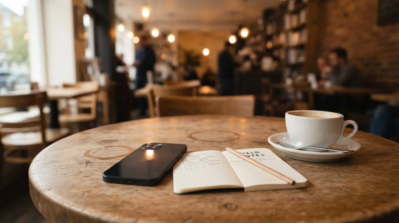 Ein Smartphone liegt mit schwarzem Display neben einer Kaffeetasse und einem Notizblock auf einem Café-Tisch.