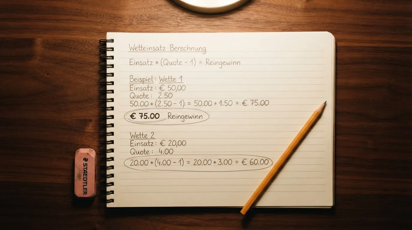 Ein Notizbuch mit handschriftlichen Multiplikationen liegt aufgeschlagen auf einem Holztisch, daneben ein Bleistift und ein Radiergummi.