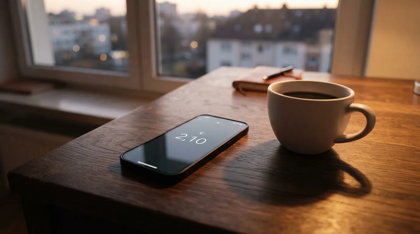 Ein Smartphone mit dunklem Display liegt neben einer Kaffeetasse auf einem Schreibtisch, durch das Fenster fällt Abendlicht.