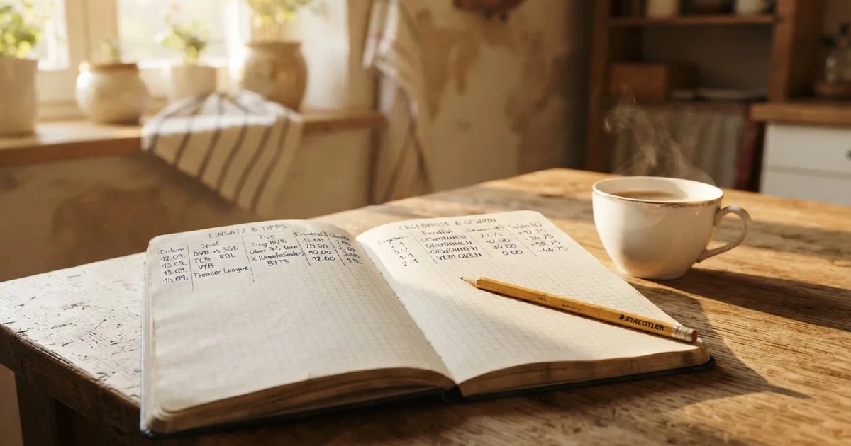 Ein aufgeschlagenes Notizbuch mit handgezeichneten Spalten und Strichen liegt neben einem Bleistift und einer Kaffeetasse auf einem Tisch am Morgen.