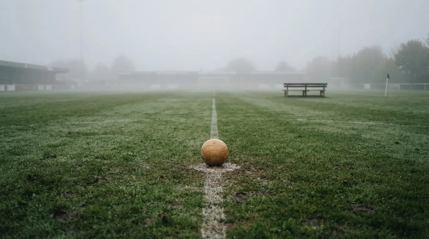 Ein Fußball liegt in der Mitte eines leeren Rasenplatzes im Morgennebel, am Rand steht eine einzelne Auswechselbank.
